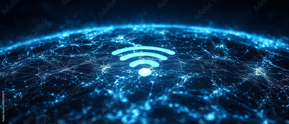Poster visualizing the of online services and wireless networks in a futuristic digital landscape represent