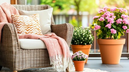 Fototapeta premium Patio with a wicker chair, a cozy blanket, and potted flowers
