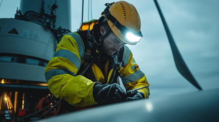 Worker maintaining wind turbine indoors