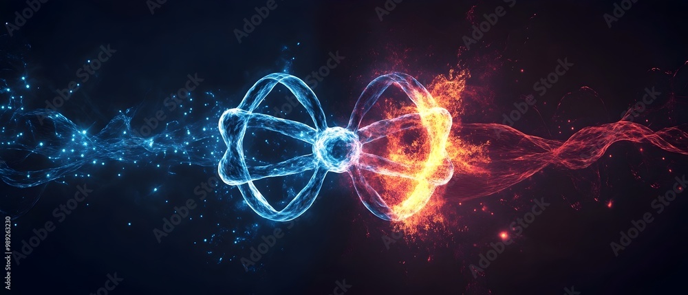 Poster contrasting nuclear fusion and fission processes capturing the cosmic interplay of energy and transf