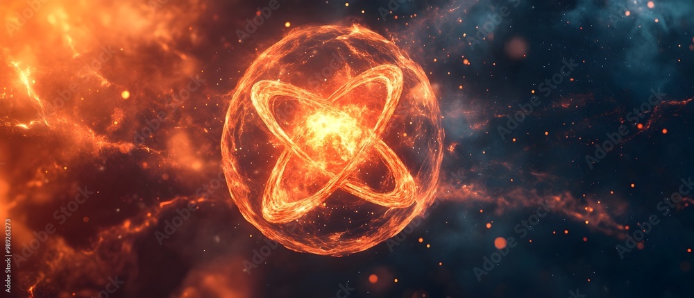 Poster dramatic and intense visual depiction of the atomic splitting process during a nuclear reaction capt