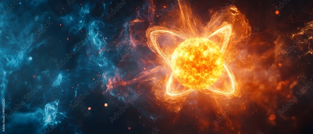 Poster powerful nuclear fission explosion visualizing the intense energy release and cosmic impact of atomi