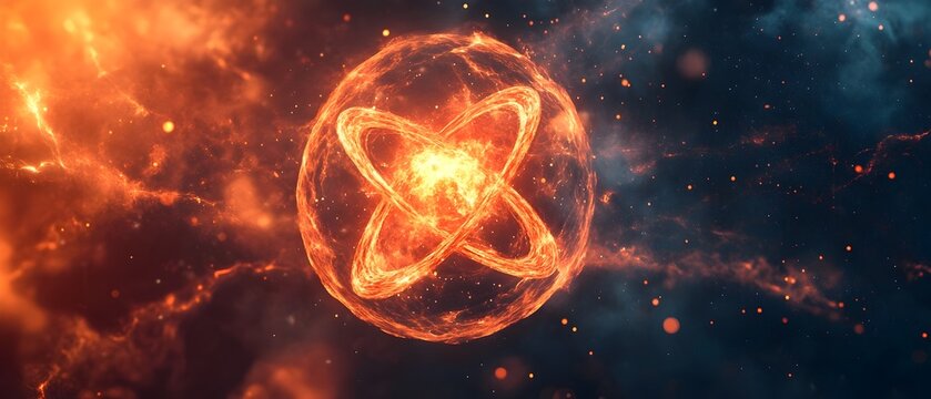 Dramatic and intense visual depiction of the atomic splitting process during a nuclear reaction capturing the powerful moment of energy release in a fiery cosmic explosion with glowing