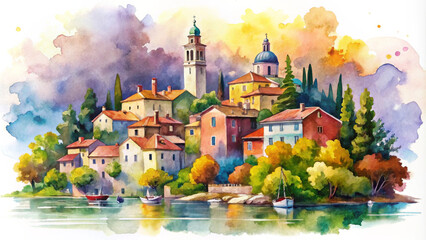 A picturesque watercolor drawing of charming lakeside village, featuring colorful houses, lush trees, and serene boats on water, evoking sense of tranquility and beauty