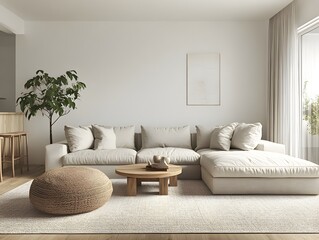 Inviting and spacious modern living room featuring a plush sectional sofa mid century modern furnishings minimalist decor natural wood accents abundant natural light and a serene