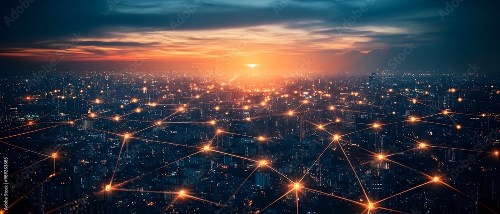 Poster glowing metropolis illuminated cityscape showcasing seamless connectivity and data flow in advanced 
