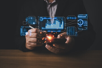 Business online digital market. businessman use graphs report and progress of business and analyze...