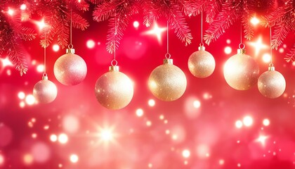 Golden Christmas Ornaments Hanging Gracefully with fir branches, glittering stars, and twinkling lights, magical holiday glow in a soft, defocused red background. Made with Generative AI Technology