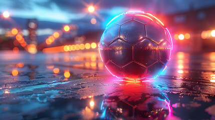 Futuristic 3D Soccer Ball on Wet City Street at Night