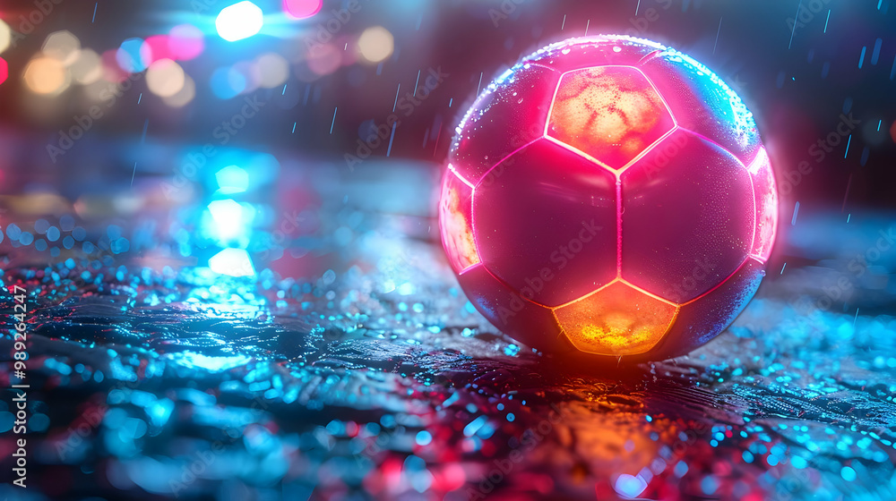 Wall mural glowing soccer ball in rain - 3d illustration