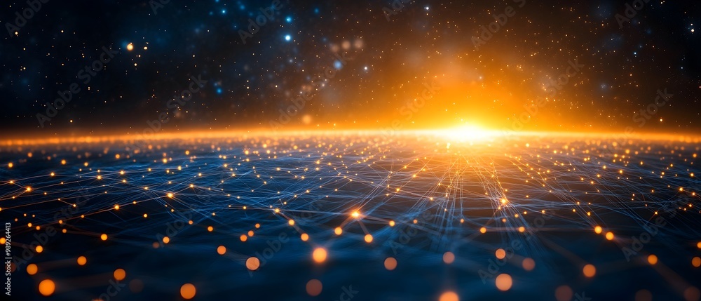 Poster visualizing the interconnected global telecommunication network infrastructure with futuristic digit