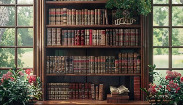 A classic wooden bookshelf filled with antique books, surrounded by vibrant plants and sunlight illuminating a serene garden view