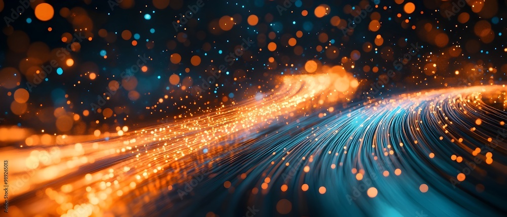 Poster fiber optic communication visualizing the speed and efficiency of data transfer through optical fibe