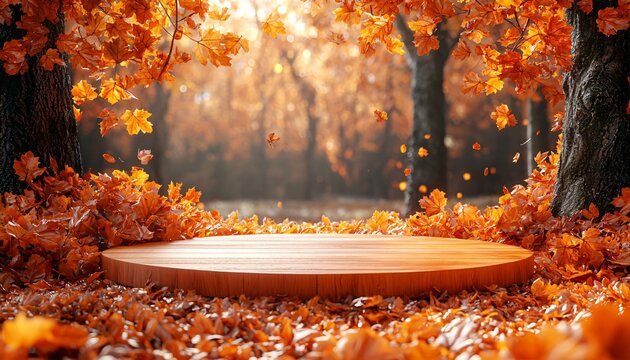 Cozy autumn scene featuring a round display platform surrounded by vibrant leaves, perfect for Thanksgiving or Halloween events and marketing materials.