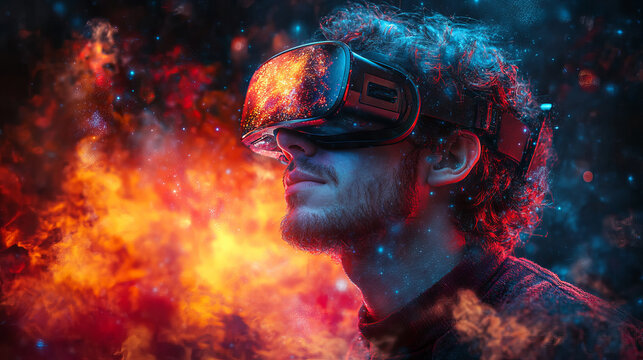 AI Metaverse concept collage design with man wearing VR headset floating though abstract shapes, man with smart glasses futuristic technology  