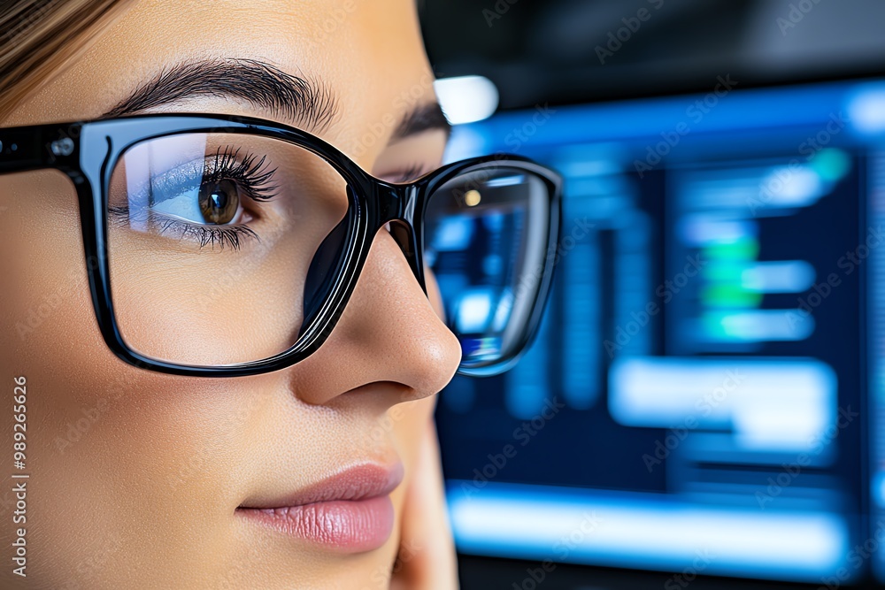 Poster a close-up of an office workerâ€™s hand adjusting their glasses, with a computer screen and document
