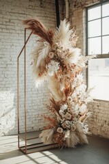 Fototapeta premium A modern boho wedding backdrop with pampas grass and neutral-toned dried flowers arranged on a geometric frame, blending simplicity with elegance