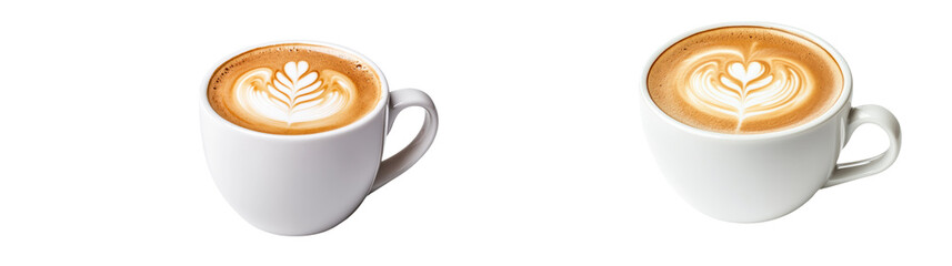 Latte art in two white cups on a transparent background