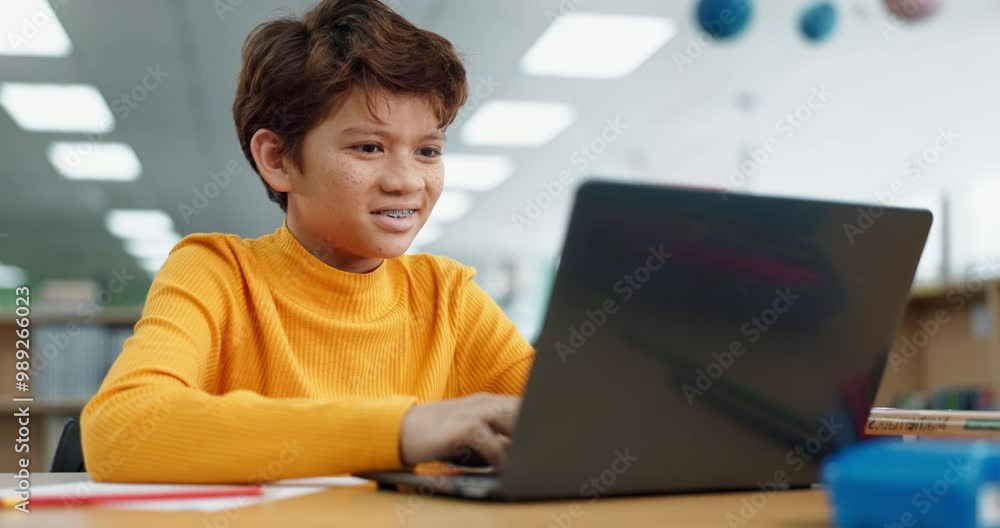 Aufkleber boy, library and kid on laptop for online class, remote education and e learning with knowledge. vir