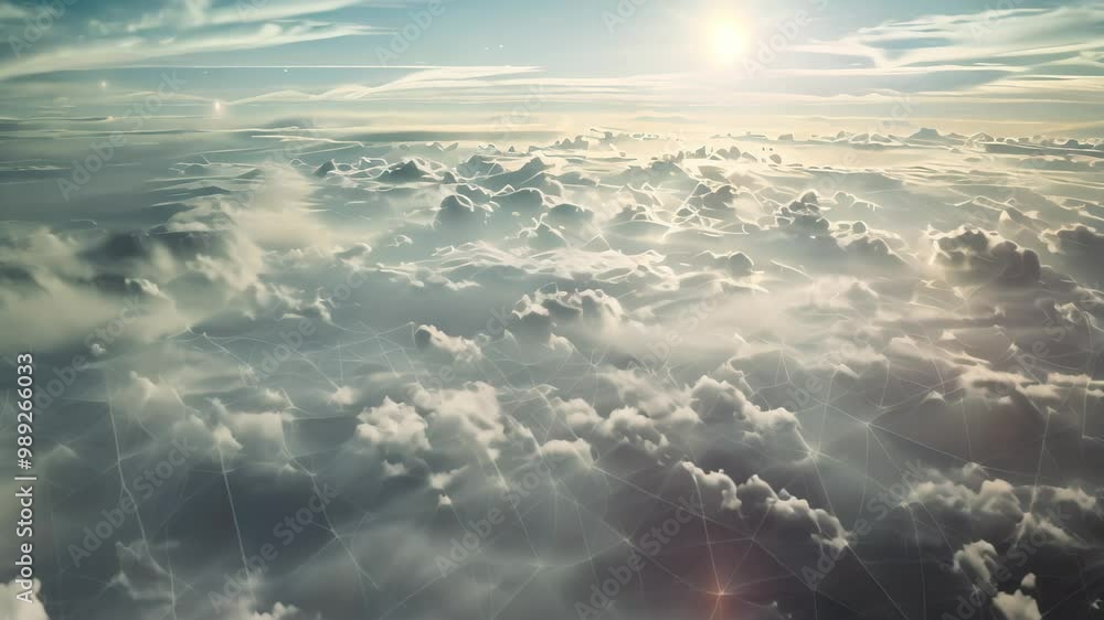 Poster an aerial view of fluffy clouds with a network of connections seen through the haze, a vast expanse 