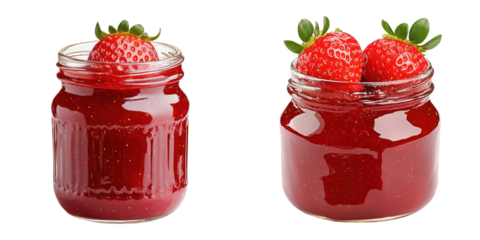 Strawberry jam in jars with fresh strawberries, isolated on transparent background
