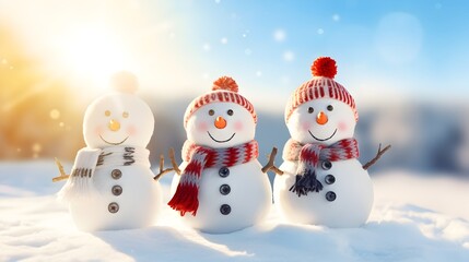 Three happy smiling Snowmans on the snow, Family with scarf and beanie, cute, Merry Christmas Banner card invitation, wallpaper, with copy space for text, blurred winter forest background, close up HD