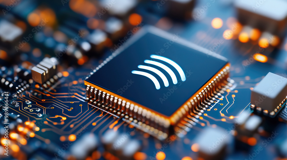 Poster close-up of a modern microchip with signal waves symbol, showcasing advanced technology and circuit 