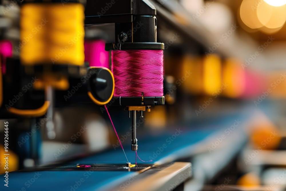 Poster close-up view of a sewing machine with colorful spools of thread, highlighting the intricate details