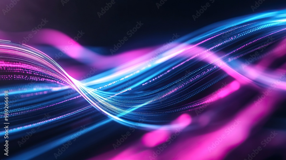 Poster colorful abstract wave patterns in blue and pink, showcasing light trails and dynamic motion on a da