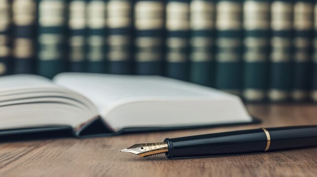 Open book and fountain pen on wooden table in front of library background.