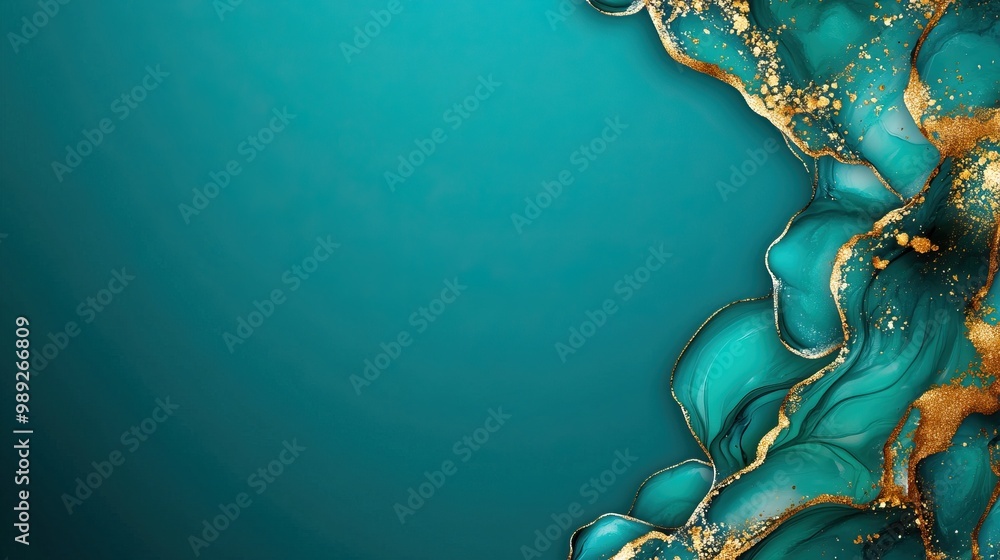 Poster elegant abstract art featuring flowing teal and gold elements with a smooth gradient, ideal for back