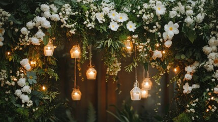 A dreamy wedding backdrop featuring cascading white flowers and greenery, with soft hanging lanterns and fairy lights, creating a romantic, ethereal atmosphere