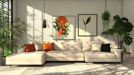 Cozy and inviting modern living room with a large comfortable sectional sofa and minimalist stylish decor the bright color accents and natural textures evoking a sense of balance and harmony