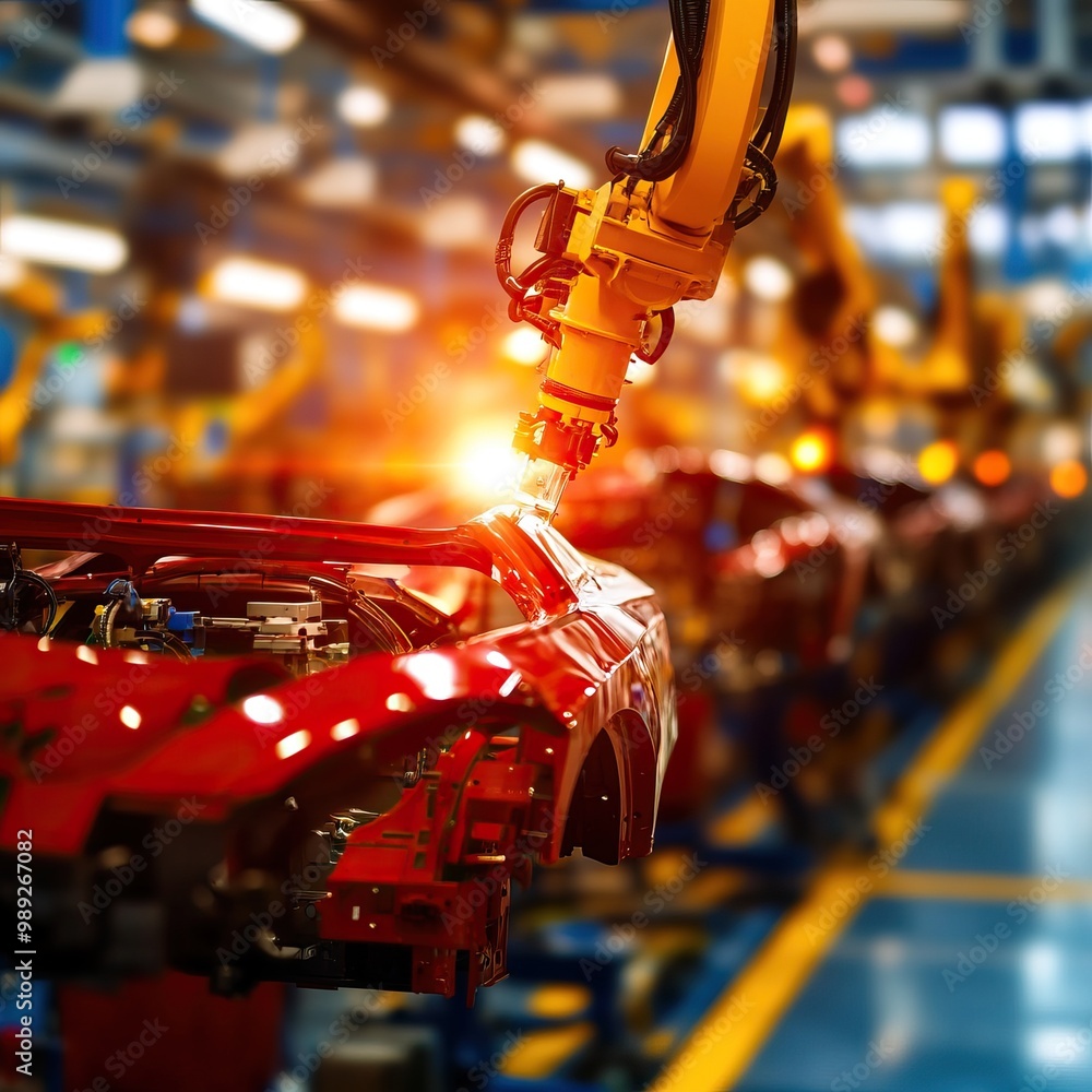 Poster robotic arms in an automotive assembly line, assembling red car bodies with precision in a bright fa