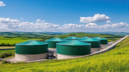 Obraz premium Large storage tanks on a green hillside under a bright blue sky, representing modern industry and agriculture.