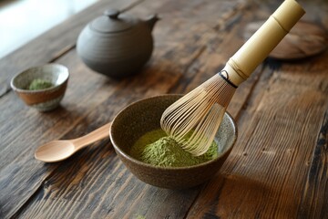 A close-up of traditional Japanese tea utensils, with a bamboo whisk, ceramic bowl, and finely ground matcha powder, set on a clean wooden surface