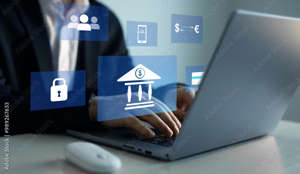 Aufkleber finance and banking networking. customer network connection and cyber security. online banking techn