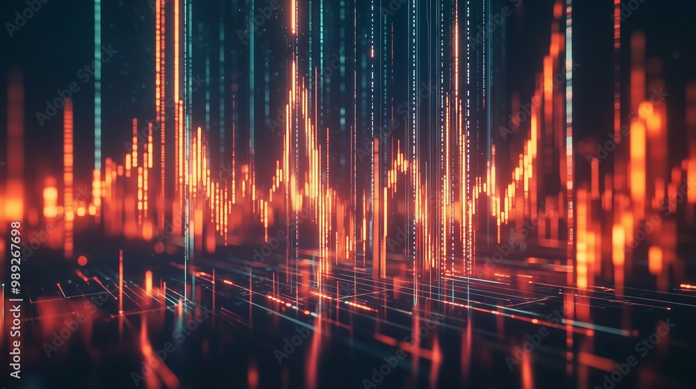 Poster colorful digital wave patterns representing sound frequencies illustrated in a futuristic visual dis