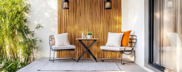 Small patio featuring a bamboo privacy screen, a bistro set, and hanging lanterns
