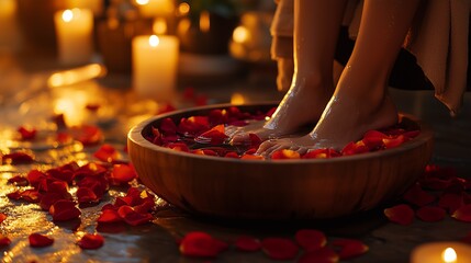 A soothing foot bath scene with rose petals and candles, perfect for spa and relaxation imagery.