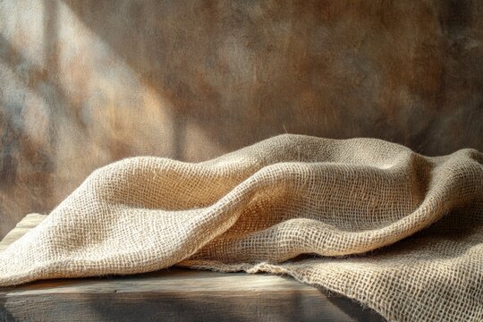Rustic burlap fabric draped on wooden surface with warm light.