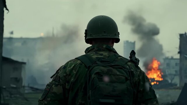 A soldier in a dirty uniform looks at destroyed burning houses. Shrouded in haze, the soldier stands as a symbol of resilience, his gaze unwavering, a silent vow to rebuild.