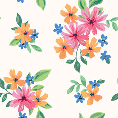 Seamless floral pattern, cute liberty ditsy print, abstract ornament of colorful hand drawn summer bouquet. Botanical design in folk motif: small simple flowers, tiny leaves on white surface. Vector. © Yulya i Kot