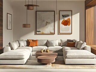 Cozy and contemporary living room featuring a large L shaped sectional sofa muted tones complemented by warm wood accents modern art pieces decorating the walls and a clean