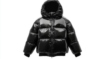 Fototapeta premium Kids' black hooded warm sport puffer jacket isolated over white background. Ghost mannequin photography 