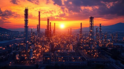 Fototapeta premium twilight hues envelop a sprawling oil refinery its intricate network of pipes and towers silhouetted against a dusky sky with warm lights illuminating the industrial landscape