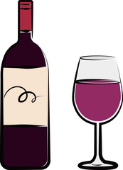 赤ワインのボトルとグラスの筆タッチの線画イラスト