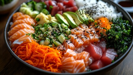 A top-down view of a deconstructed sushi bowl with vibrant ingredients spread out in a circular pattern