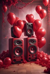 Romantic Valentines background with party music speakers and balloons