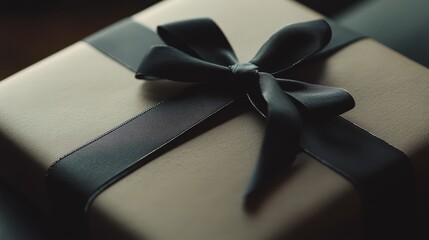 A beautifully wrapped gift box with a sleek black ribbon, emphasizing elegance and anticipation.